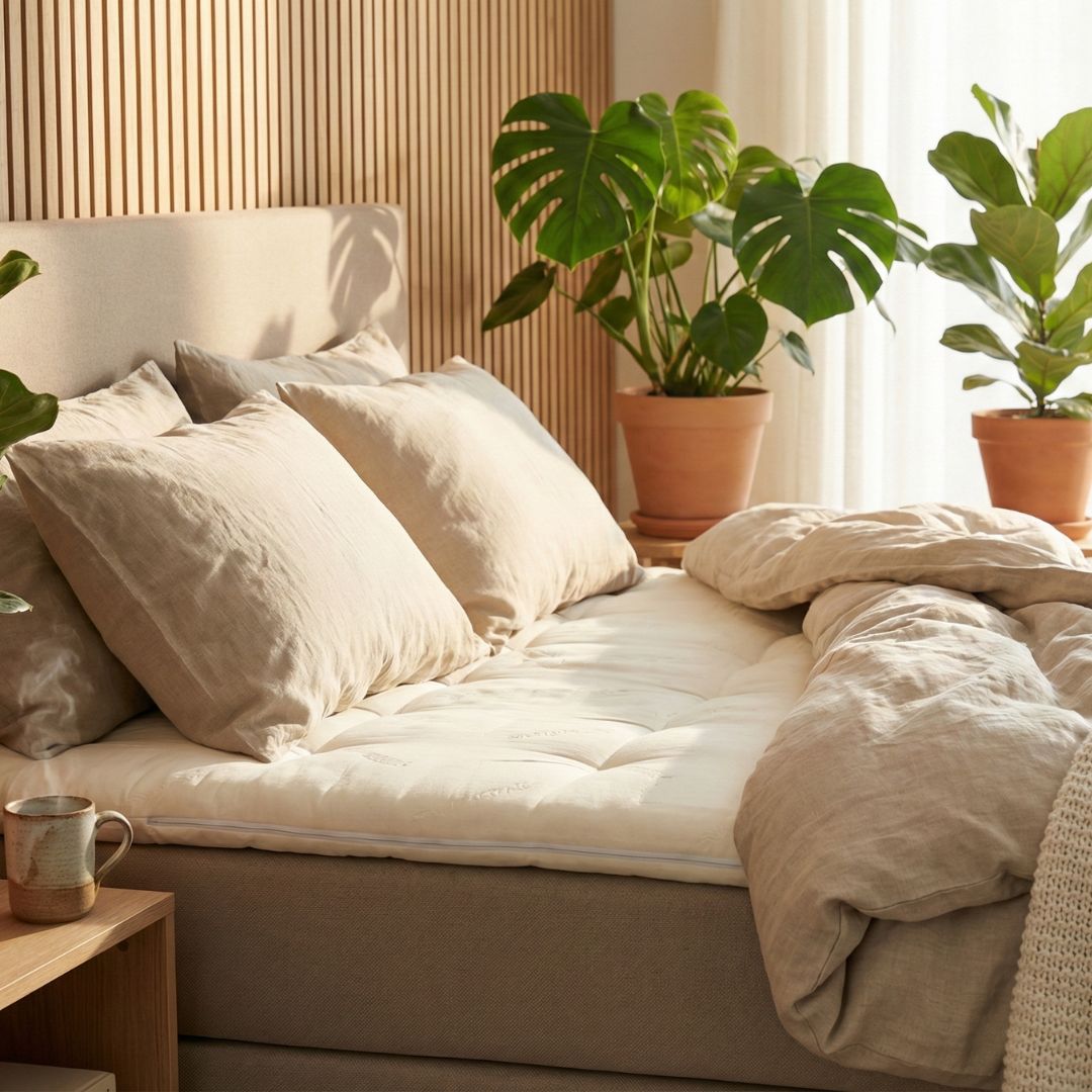 Een paardenhaar topper op een bed van natuurlijke materialen van Bedaffair