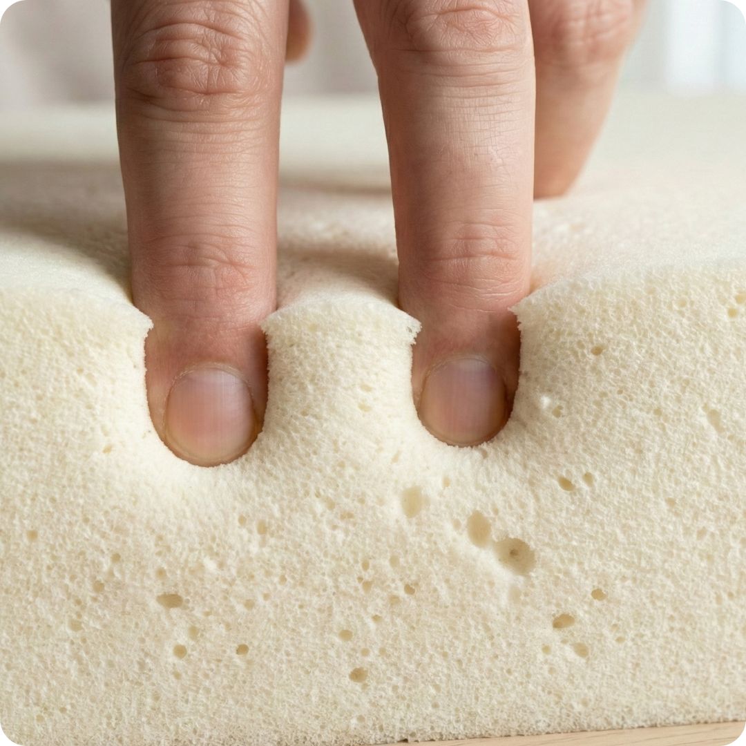 Close-up van hand op 100% natuurlatex matras: demonstratie van hoge puntelasticiteit en open celstructuur waarbij het materiaal direct rondom de drukpunten ondersteuning biedt.