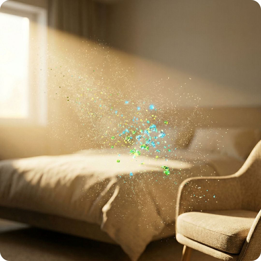 Microplastics en PFAS-deeltjes verzamelen zich in huisstof en zweven door de lucht in de woonkamer en slaapkamer.