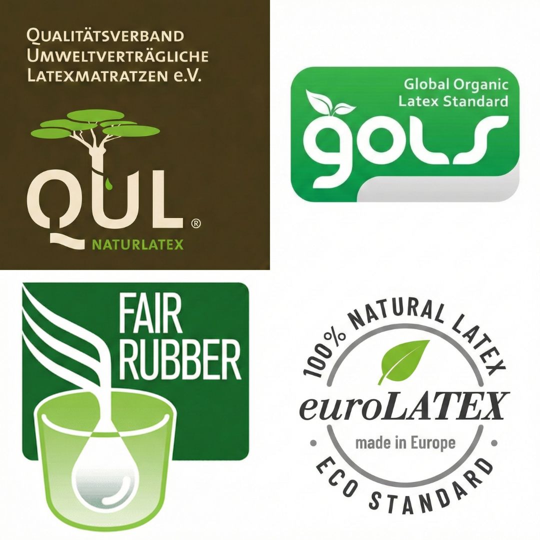 Overzicht van de strenge, onafhankelijke keurmerken voor een 100% natuurlatex matras: QUL, GOLS, Fair Rubber en de EuroLatex Eco Standard.