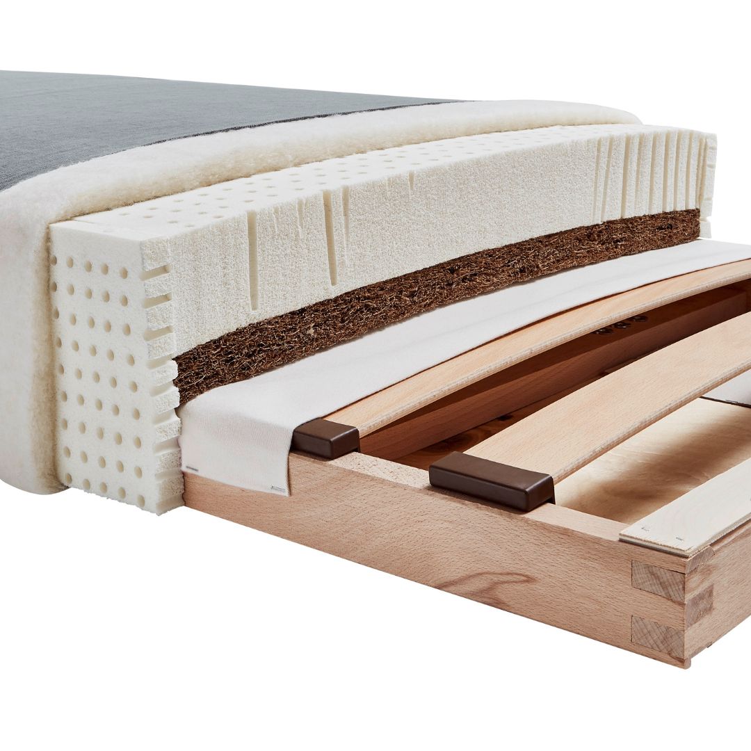 Binnenkant van een natuurlijke bank met natuurlatex, kokosvezel en biologische wol.