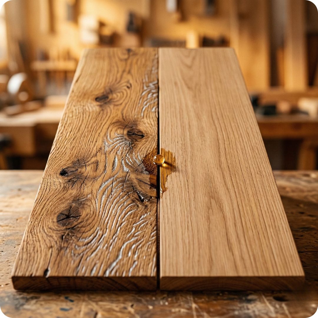 Detailopname van massief eikenhout en de robuuste noesten en houtnerf van een wild eiken