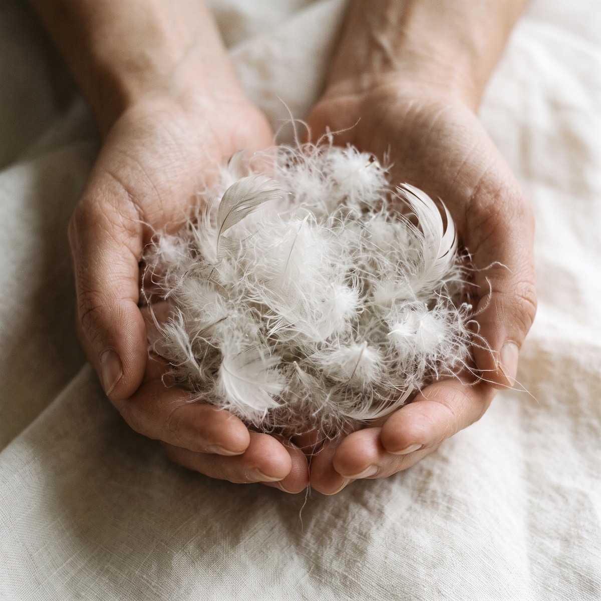 Schoon gerecycled dons en veertjes in twee handen
