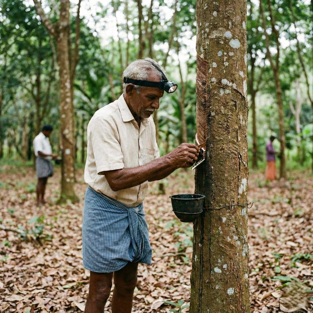 Een lokale rubbertapper verzamelt op ambachtelijke wijze het vloeibare, plantaardige melksap van de Hevea Brasiliensis rubberboom voor de productie van een natuurlijk matras.