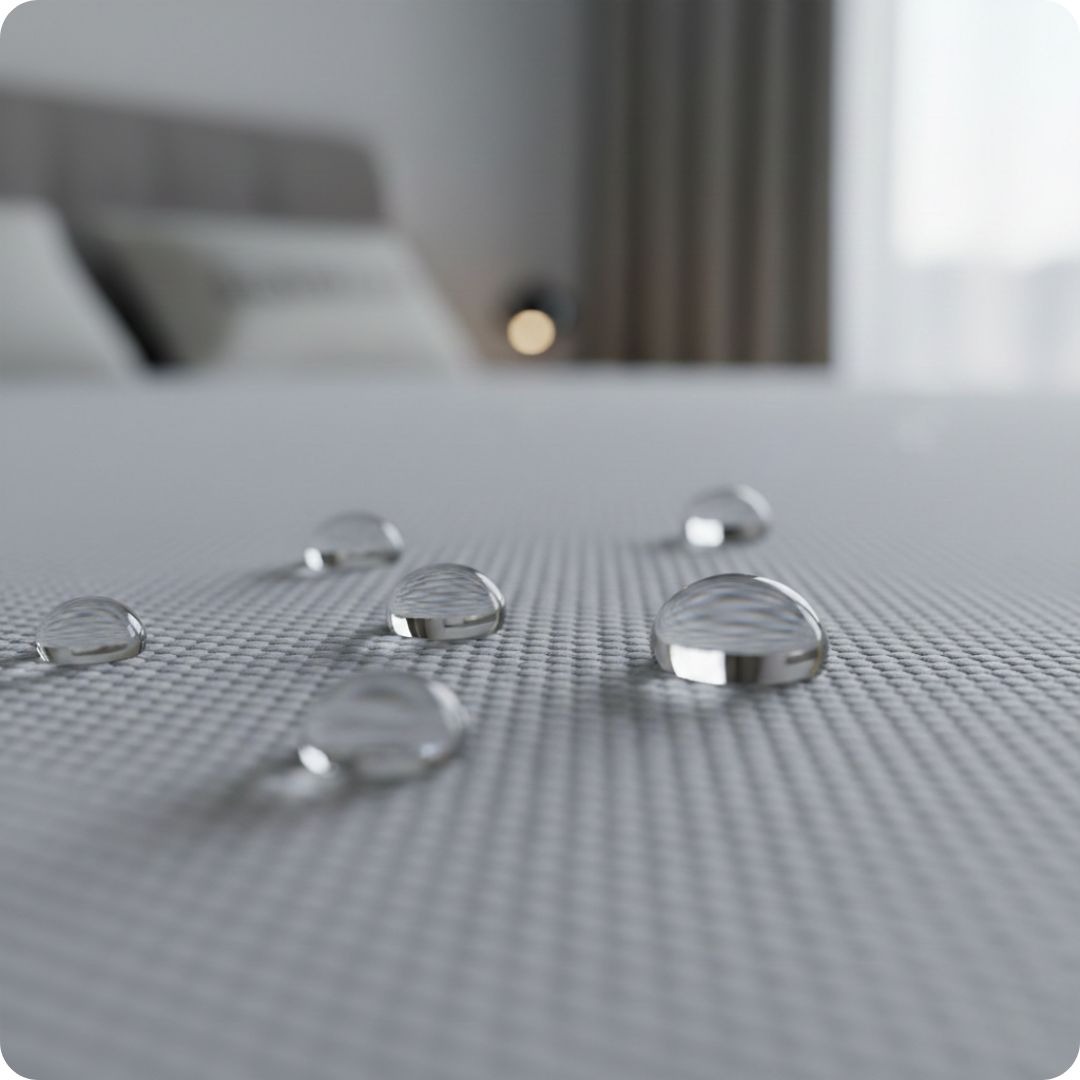Waterdruppels die parelen op een synthetische matrasbeschermer behandeld met een vuilafstotende chemische coating zoals PFAS, wat de natuurlijke ventilatie blokkeert.